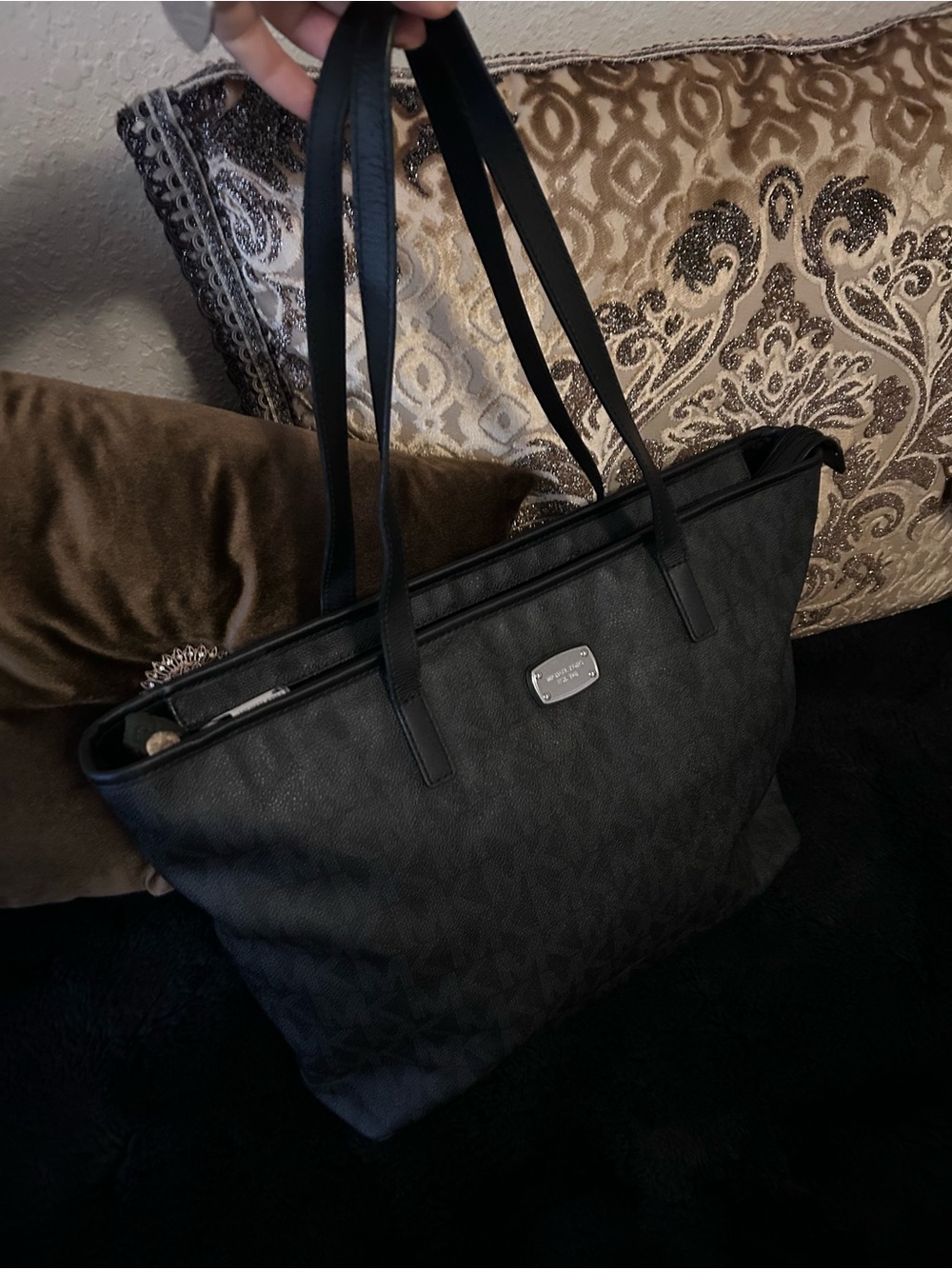 Michael Kors Black Monogram Tote with Silver Plaque